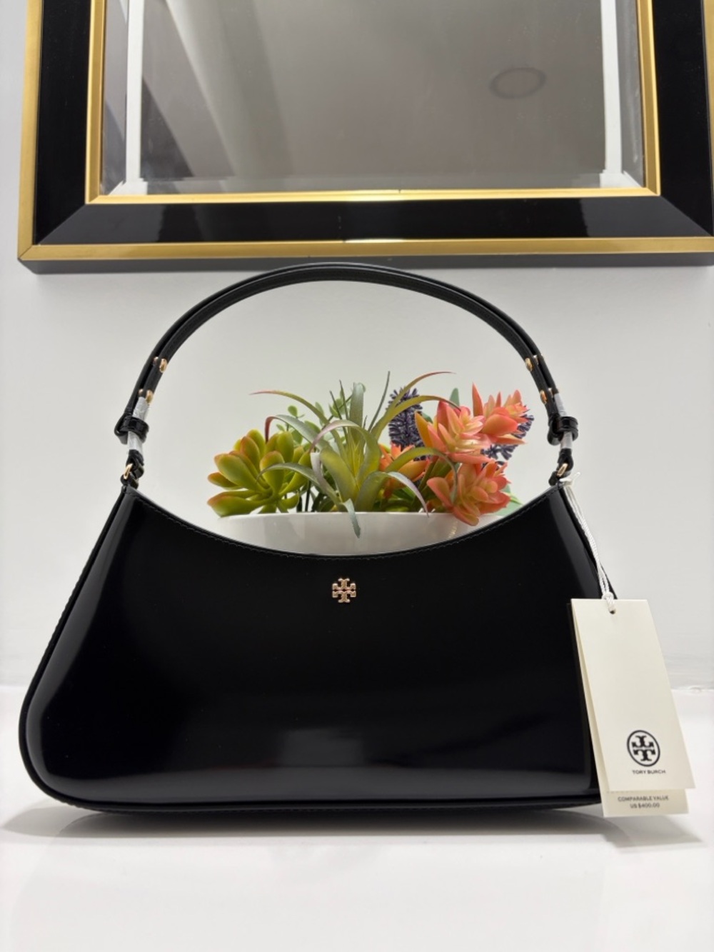 NWT Tory Burch Emerson Black Patent Leather Top-Handle Shoulder Bag